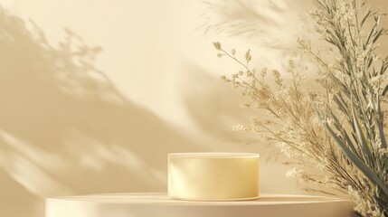Poster - Minimal 3D rendered scene featuring an empty cube podium in shades of pastel yellow designed for cosmetic product display and abstract background showcase Geometric pedestal in soft colors for moc