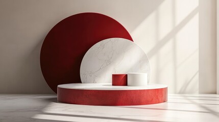 Poster - 3D red and white podium in a minimal studio setting Abstract 3D geometric shapes created for festive product displays