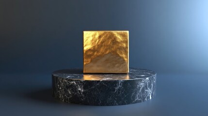 Poster - 3D rendered podium featuring a black marble base and gold textured cube Mockup for exhibitions product presentations promotional sales therapy relaxation health banners discounts and cosmetics