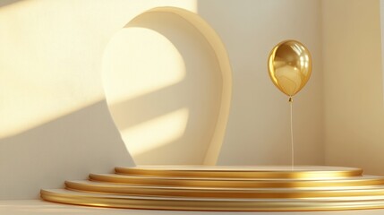 Poster - Gold circular podium featuring a staircase and balloon against a white backdrop Vacant pedestal designed for an award ceremony illuminated by spotlight or volumetric lighting 3D illustration