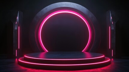 Poster - Dark podium display background with neon laser red and pink lights and a circular metal wall in a black theme 3D illustration rendering