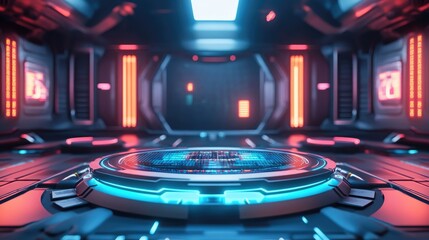 Poster - 3D illustration of a futuristic cyberpunk technology display with a sci fi gaming stage pedestal background