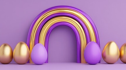 Aufkleber - 3D rendering of gold and purple eggs accompanied by a purple rainbow against a violet background for Easter celebrations