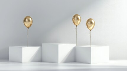 Poster - Four empty hexagonal podiums with gold balloons on a white and grey background featuring reflections and shadows designed for product displays in 3D rendering