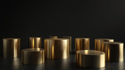 Poster - Minimalist abstract composition featuring golden cylindrical podiums against a black backdrop 3D rendering