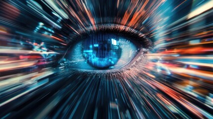 Poster - Futuristic technology concept featuring blue eye representation cyber security themes and abstract high speed digital internet with motion blur and pixel effects