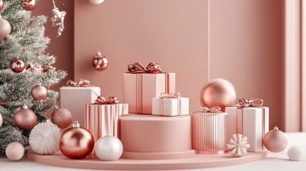 Aufkleber - Christmas themed podium for branding and packaging showcase Display featuring gift boxes in a festive setting Cosmetic and fashion focus 3D rendering