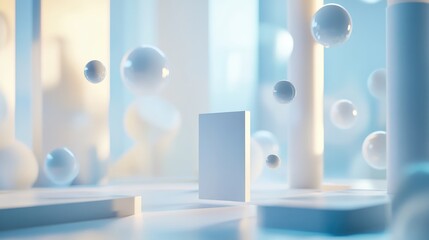 Aufkleber - Abstract blurred 3D rendered background featuring a board or button along with various geometric shapes floating in space suitable for product display or presentation covers with a soft focus effe