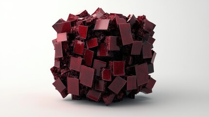 Poster - 3D rendering of a dark red cube made up of square fragments set against a white background showcasing abstract design