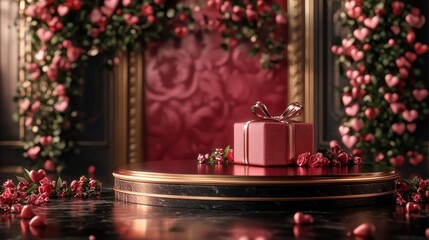Poster - 3D render of a podium for Valentine s Day featuring a gift and a romantic backdrop