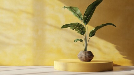 Aufkleber - Minimalist yellow podium platform for product display and showcasing featuring a plant in a modern 3D rendered design