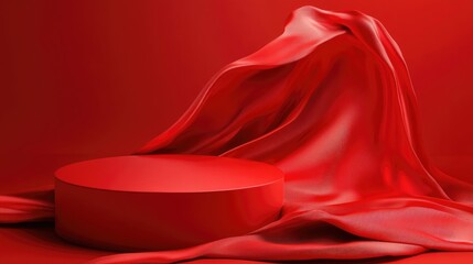 Poster - Red podium on flowing red fabric Elegant backdrop for branding and product showcase 3D rendered illustration