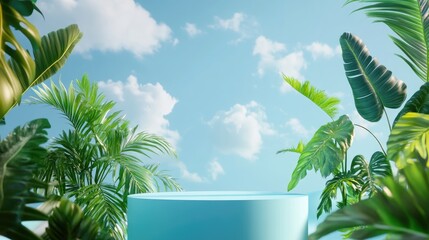 Fototapete - 3D rendering of an abstract podium display featuring tropical leaves and a blue sky with clouds creating a scene for product promotion and advertising against a soft blue background