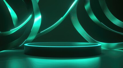 Aufkleber - 3D render of an abstract green neon background featuring ribbons glowing lines and an empty podium designed for a futuristic product display