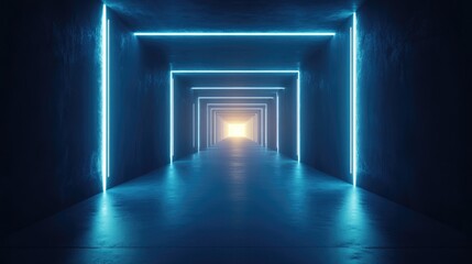 Aufkleber - Abstract light tunnel with blue background featuring a portal illuminated by rays neon lights and spotlights Dark vacant setting enhanced by neon elements Symmetrical reflection and perspective in