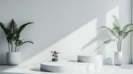 Poster - 3D rendered product display pedestal in a minimalist white interior
