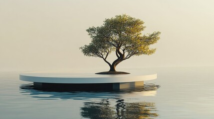 Fototapete - Abstract empty mock up product display platform floating on water with bonsai tree and submerged platform for product presentation 3D rendering illustration