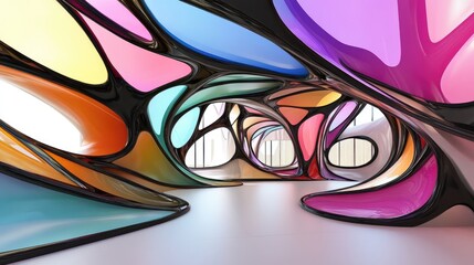 Poster - Abstract architectural interior featuring a colorful smooth sculpture with black lines 3D illustration and rendering
