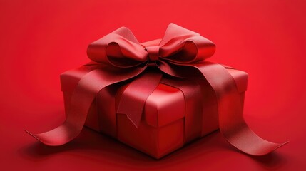 Aufkleber - Red gift box adorned with a red ribbon bow on a matching red backdrop 3D rendering