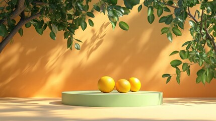 Poster - 3D podium display in green and yellow with an orange backdrop and tree shadow summer themed product mockup 3D rendered illustration
