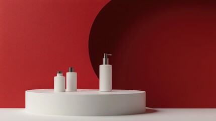 Poster - 3D rendering of a neutral product display for skincare cosmetics with a contemporary red podium backdrop
