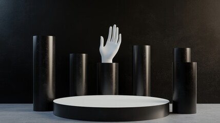 Aufkleber - Round pedestals and black and white cylinders in a 3D rendered illustration Sculptural arrangement featuring an open hand palm Empty display stand ideal for product showcasing Elegant dark backdro