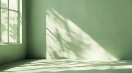 Poster - Empty green studio with sunlight shadows Minimalistic background ideal for product showcases Autumn inspired setting for displaying beauty and cosmetic items
