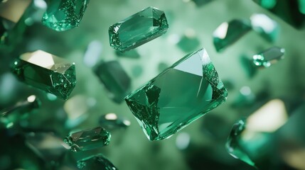 Poster - Emerald green gemstones scatter against an abstract luxurious backdrop in this 3D rendering