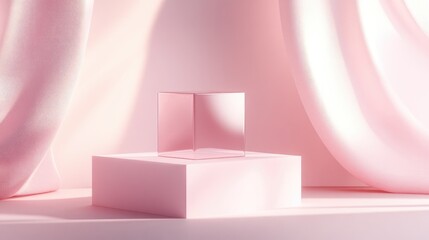 Fototapete - Minimal composition featuring an empty pink pastel cube on a podium for product display accompanied by an abstract background Geometric shapes in soft hues are illustrated in 3D