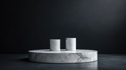 Poster - 3D rendering of a white marble pedestal set against a dark backdrop featuring three cylindrical blocks embodying an abstract minimal concept with an emphasis on blank space and a simple clean desi
