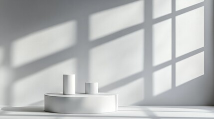 Poster - Abstract 3D studio backdrop in white tones for showcasing cosmetics An empty grey space featuring window shadows Product display set against a blurred background 3D Illustration
