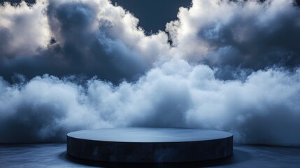 Poster - 3D Rendered Podium Stage with Abstract Cloud Backdrop