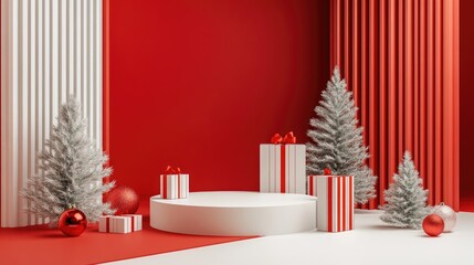 Poster - 3D red and white podium in a minimal studio setting Abstract 3D geometric shapes created for festive product displays