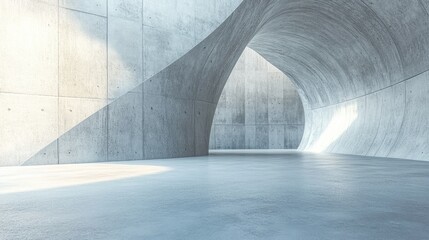 Poster - Abstract empty concrete space featuring a curved wall and blank floor representing a modern showroom Futuristic conceptual background in a 3D rendering