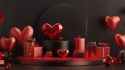 Poster - 3D abstract podium designed for a love themed presentation of gifts and objects 3D illustration