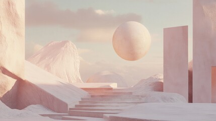 Poster - Minimal abstract scene featuring geometric shapes against a soft pink cream backdrop 3D rendering