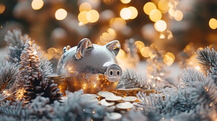 Poster - A silver piggy bank glittering with lights sits among frosted pine branches with scattered golden coins, creating a festive and cozy atmosphere during the holiday season.