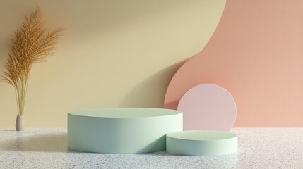 Fototapete - 3D rendered image of an abstract mock up podium with a pastel background