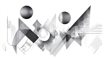 Poster - Abstract geometric shapes featuring impossible forms and optical illusions in a line art style against a white background