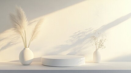 Fototapete - Minimalistic product display featuring a white podium 3D rendering