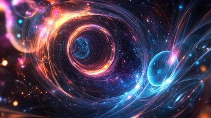 Poster - Abstract luminous background featuring swirling patterns an elegant glowing circle sparkling particles a space tunnel glossy jellyfish shapes colorful ellipses and glimmering spheres