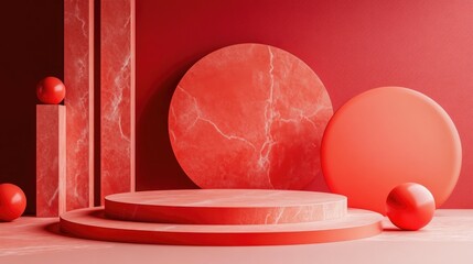 Aufkleber - 3D geometric podium in red color minimal design illustration digital rendering