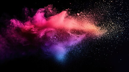 Poster - Stunning powder explosion with vibrant colorful particles against a dark background Ideal for cosmetics pigments makeup creative designs and promotional materials