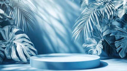 Fototapete - 3D rendering of an abstract podium display featuring tropical leaves and a blue pastel plant scene Concept for product promotion and advertising with a natural background in blue pastel tones
