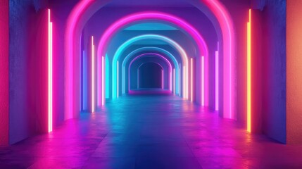 Poster - 3D render of an abstract background featuring blue pink and violet neon colors with ultraviolet lighting in an empty club interior showcasing a tunnel or corridor with illuminated panels and stage