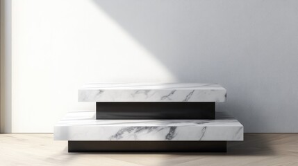 Aufkleber - Two tier product display stand crafted from white marble and black wood featuring ample copy space for content design or background replacement 3D rendering for advertising purposes