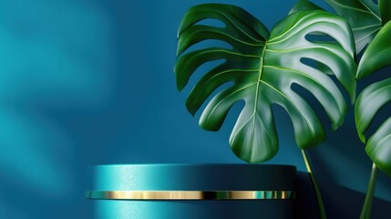 Poster - Blue cylindrical podium adorned with a gold border accompanied by two monstera deliciosa leaves against a blue backdrop Abstract minimalistic 3D geometric representation suitable for a cosmetic di