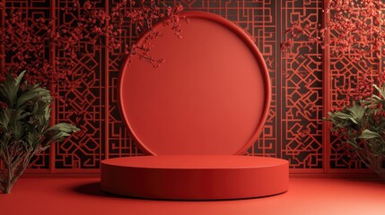 Poster - Product display podium featuring a vibrant red backdrop with a Chinese inspired design rendered in 3D