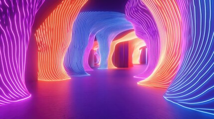 Poster - Curved lines illuminated with vibrant neon colors created through 3D digital rendering
