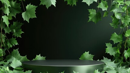 Poster - Green metallic podium stage background featuring maple leaves ideal for spring season presentation 3D rendering